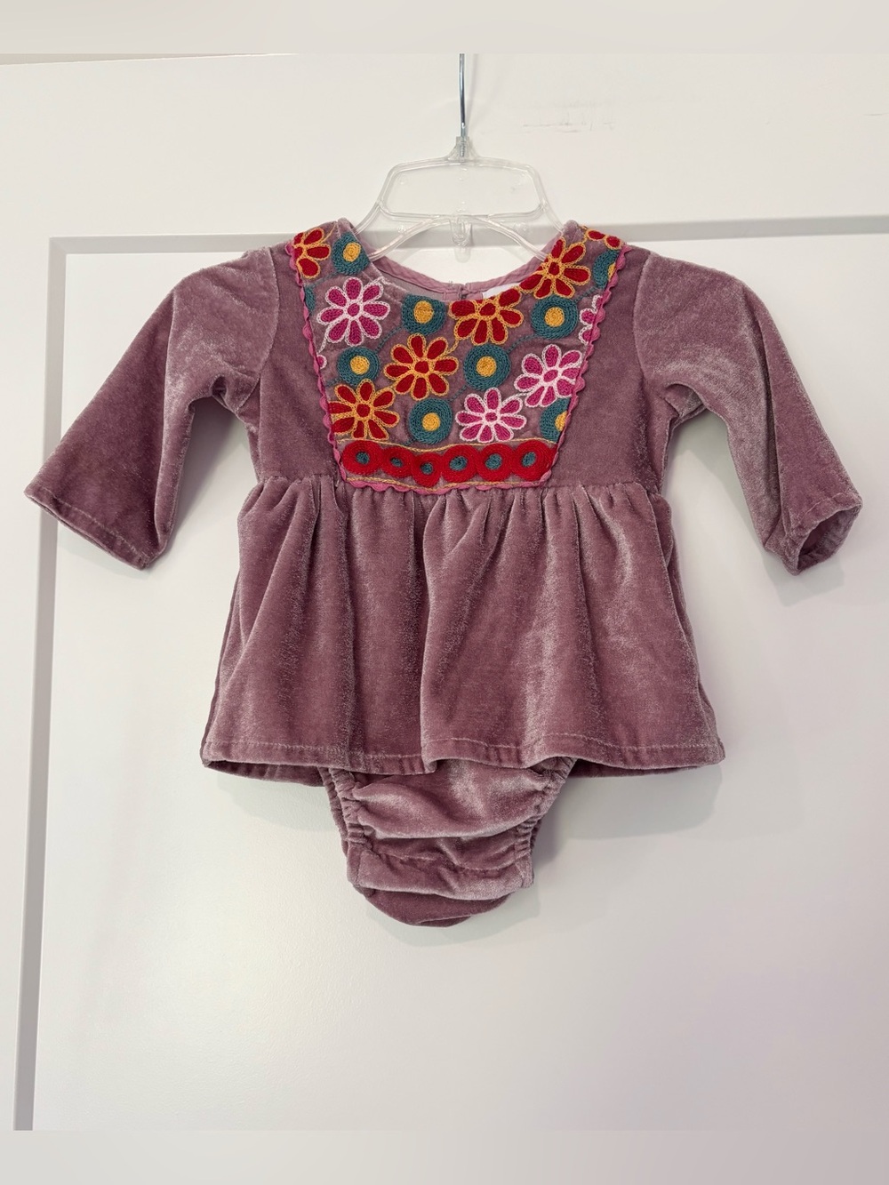 Cheeni Lilac Velvet Velour Crochet Floral Embroidered Bubble 6 months